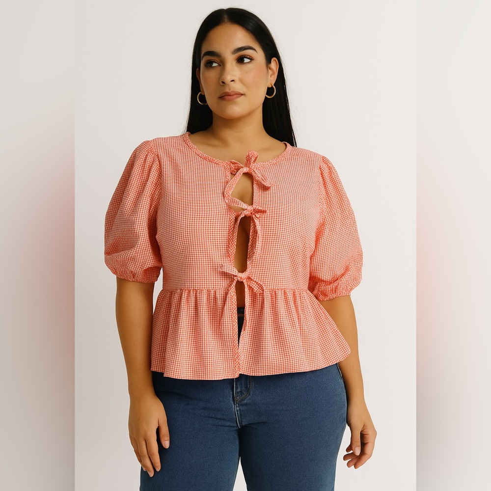 21 Saints Gingham Tie-Front puff 3/4 sleeve Peplum Top peachy/orange size M NWT!